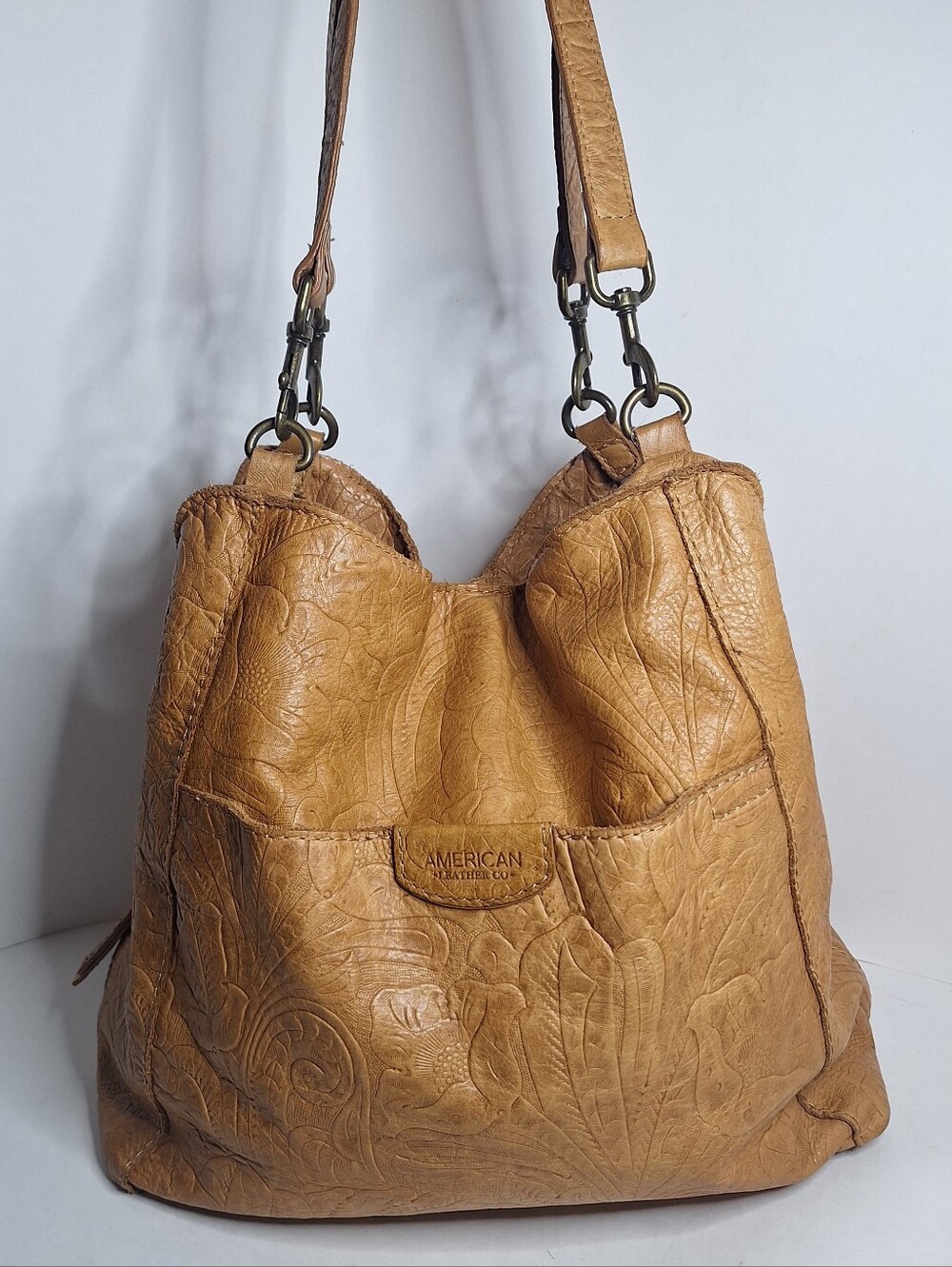 American Leather Co. Yellow Brown Tooled Floral Leather Hobo Shoulder Bag Purse